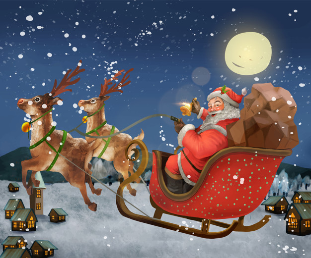 Hand drawn Santa Claus riding a sleigh delivering presents